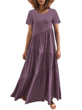 Momentlover Casual Short Sleeves Loose Solid Color Round-Neck Maxi Dresses