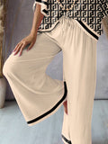 Momentlover Urban Loose Printed V-Neck T-Shirts Tops& Drawstring Wide Leg Pants Suits