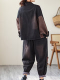 Momentlover Contrast Color Fringed Split-Joint Long Sleeves Printed Outwear + Harem Pants  Two Pieces Set