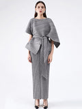 Momentlover Urban Loose Solid Color Tied Pleated Top&V-Back Vest Dress Two Pieces Set