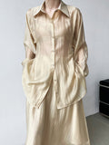 Momentlover Solid Color Long Sleeves Tied Waist Blouse + Loose Elasticity Waist Skirt Two Pieces Set