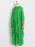 Momentlover Tiered Solid Color Raglan Sleeve Loose Stand Collar Maxi Dresses