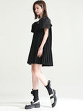 Momentlover Urban Puff Sleeves Split-Joint Black Pleated Mini Dress