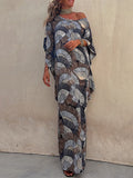 Momentlover Printed Pleated Contrast Color Batwing Sleeves Maxi Dresses