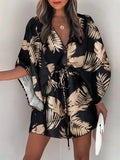 Momentlover Original Loose Leaf Printed Contrast Color Tied Buttoned Mini Shirt Dress