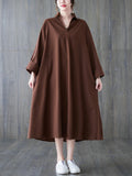 Momentlover Solid Color Buttoned Loose Long Sleeves V-Neck Shirt Dress Midi Dresses