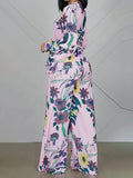 Momentlover Flower Print High Waisted Long Sleeves Tied Waist V-Neck Shirts Top + Pants Bottom Two Pieces Set