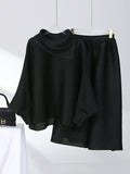 Momentlover Simple Loose Long Sleeves Pleated Solid Color High-Neck T-Shirt Top&Wide Legs Pants Two Pieces Set