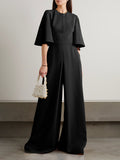 Momentlover Loose Short Sleeves Solid Color Round-Neck Jumpsuits