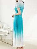 Momentlover Gradient Pleated Short Sleeves High-Neck T-shirt + Skirt Bottom Two Pieces Set