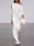 Momentlover Loose Solid Color Off-The-Shoulder Jumpsuits