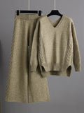 Momentlover Urban Loose Solid Color V-Neck Sweater Tops& Wide Leg  Pants Suits