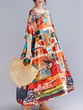 Momentlover Loose Short Sleeves Floral Printed Round-Neck Midi Dresses