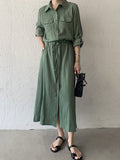 Momentlover Casual A-Line Long Sleeves Bandage Solid Color Lapel Collar Shirt Midi Dresses