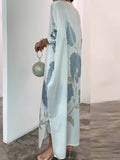 Momentlover Long Sleeves Buttoned Contrast Color Flower&Leaves Print Muslim V-Neck Maxi Dress