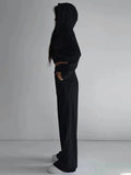 Momentlover Elasticity Solid Color Long Sleeves Hooded Zipper V-neck Outerwear Top + High Waisted Pants Bottom Two Pieces Set