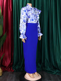 Momentlover Long Sleeves Floral Printed Blouse + Split-Back Solid Color Skirt Two Pieces Set