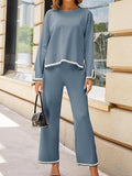Momentlover Split-Side High-Low Long Sleeves Contrast Color Round-Neck Sweater Top + Pants Bottom Two Pieces Set