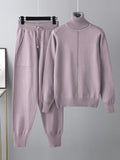 Momentlover Casual Solid Long Sleeves High-Neck Sweater Tops & Drawstring Wide Leg Pants Suits