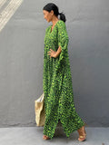 Momentlover Green Leopard V-Neck Split-Side Batwing Sleeves Maxi Dress