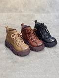 Momentlover Vintage Cow Leather Wool Boots Platform Shoes