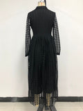 Momentlover Solid Color See-Through Gauze Buttoned Long Sleeves High Waisted V-Neck Maxi Dresses