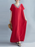 Momentlover Casual Artistic Retro Striped V-Neck Short Sleeves Maxi Dress