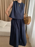 Momentlover Solid Color Loose Round-Neck Vest + High Waisted  Skirt Two Pieces Set