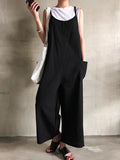 Momentlover Black&Khaki Casual Spaghetti-Neck Loose Wide-Leg Overalls