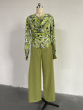 Momentlover Long Sleeves Heaps Collar Printed Shirts Top + High Waisted Pants Bottom Two Pieces Set