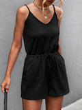 Momentlover Solid Color Pockets Drawstring Sleeveless Loose V-Neck Rompers