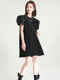 Momentlover Urban Puff Sleeves Split-Joint Black Pleated Mini Dress