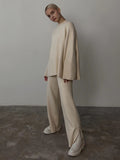Momentlover Casual Long Sleeves Loose Solid Color Round-Neck Sweater Tops & Wide Leg Pants Two Pieces Set