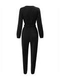 Momentlover Elasticity Belted Long Sleeves V-neck Jumpsuits