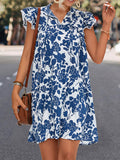 Momentlover Tied Split-Joint Printed Short Sleeves Ruffle Sleeves V-Neck Mini Dresses