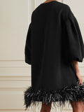 Momentlover Loose Puff Sleeves Feathers Split-Joint Round-neck Mini Dresses Short Dresses