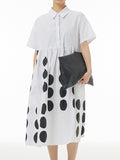 Momentlover Split-Joint Pleated Contrast Color Short Sleeves Loose Lapel Shirt Dress Midi Dresses
