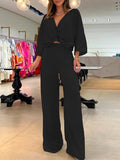 Momentlover Solid Color Triangle Bras + Three-Quarter Sleeves Blouse + Pants Trousers Three Pieces Set