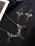 Momentlover Halloween Stylish Alloy Bat Cross Pearl Chain Necklace&Earrings