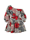 Momentlover Tied Waist Flower Print Elasticity Three-Quarter Sleeves Puff Sleeves One-Shoulder Mini Dresses