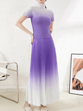 Momentlover Gradient Pleated Short Sleeves High-Neck T-shirt + Skirt Bottom Two Pieces Set
