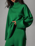 Momentlover Casual Solid Color Irregularity High-Neck Sweater& Wide Leg Pants Suits