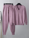 Momentlover Casual Loose Harem Pants Solid Color V-Neck Sweater Tops Pants Two Pieces Set