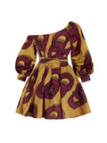 Momentlover Tied Waist Printed Polka-Dot Elasticity Three-Quarter Sleeves Puff Sleeves One-Shoulder Mini Dresses