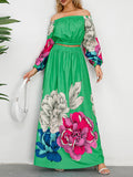 Momentlover Off-The-Shoulder A-Line Elasticity Flower Print Pleated Shirts Top + High Waisted Skirts Bottom Two Pieces Set