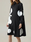 Momentlover Long Sleeves Loose Asymmetric Buttoned Polka-Dot Tied Mock Neck Jackets&Coats Midi Dresses Outerwear
