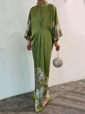 Momentlover Batwing Sleeves Loose Floral Printed Muslim Pleated Stand Collar Maxi Dresses