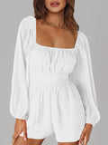 Momentlover Tied Solid Color Elasticity Backless Puff Sleeves Loose Square-Neck Rompers