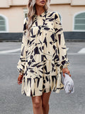 Momentlover Tied Split-Joint Printed Puff Sleeves Loose Mock Neck Mini Dresses