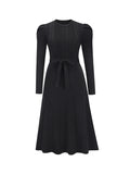 Momentlover Tied Waist Solid Color Long Sleeves High Waisted Round-Neck Sweater Dresses Midi Dresses